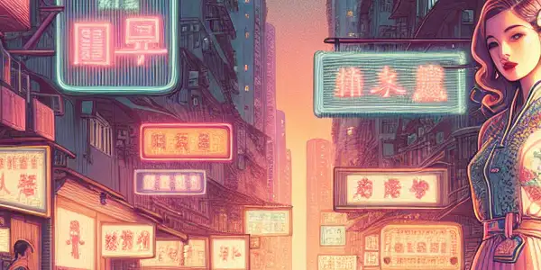 A young woman in a vintage outfit stands in a neon-lit Hong Kong alley, evoking nostalgia and allure.