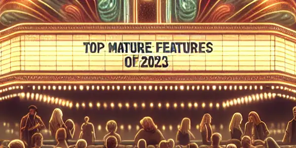A modern film festival celebrating adult cinema, featuring a stylish theater, diverse audience, and vibrant marquee.