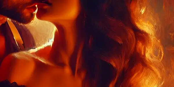 A passionate couple sharing a tender kiss in a softly lit, intimate room filled with warm colors.