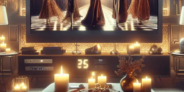 A cozy, dimly lit room with a plush sofa, elegant adult entertainment on TV, and inviting decor.