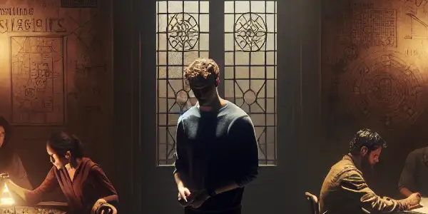 A diverse group of individuals solving puzzles in a dimly lit, suspenseful escape room filled with clues.