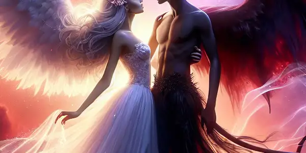 An angel and devil entwined in a passionate embrace against a vibrant twilight sky, symbolizing the tension between good and evil.