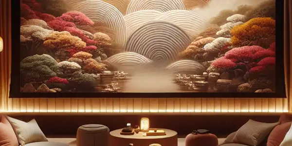 A cozy, dimly lit room designed for private film viewing, featuring Japanese cultural decor and a large screen.