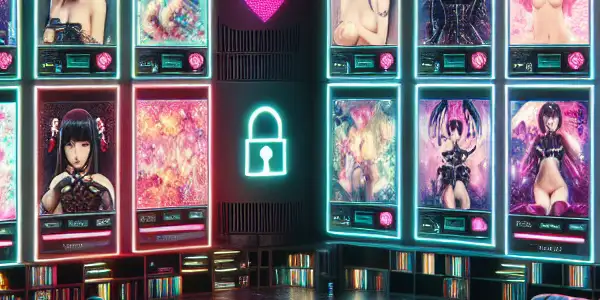 A futuristic digital platform showcasing vibrant thumbnails of Japanese adult films in a luxurious, high-tech living space.