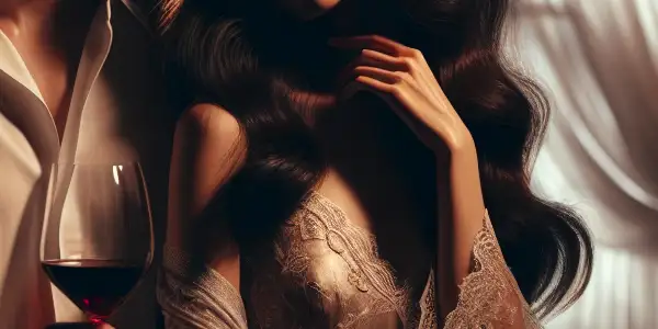 A romantic couple shares an intimate moment in a dimly lit bedroom, surrounded by soft lighting and elegant decor.