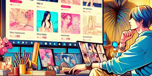 A young adult joyfully browsing an adult streaming platform in a cozy, modern home office.