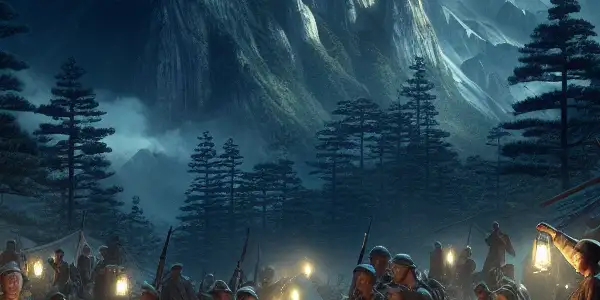 Guerrilla fighters prepare for a nighttime raid in a dramatic mountainous landscape under a starry sky.