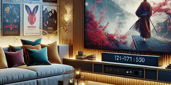 A cozy home cinema showcasing vibrant Japanese AV films, complete with posters, plush seating, and ambient lighting.