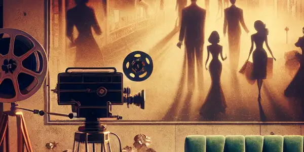 A nostalgic film studio scene featuring vintage elements, silhouettes of iconic stars, and Japanese cultural motifs.