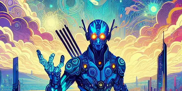 A futuristic cityscape at dusk featuring a cybernetic character amidst neon lights and ethereal creatures.