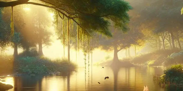 A serene outdoor scene with lush greenery, a tranquil river, and a cozy nook inviting adventure and exploration.