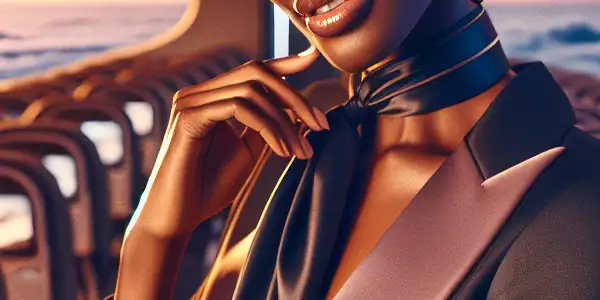 A stylish flight attendant stands confidently in a luxurious airplane aisle, with a sunset view over the clouds.