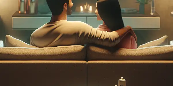 A cozy living room scene promoting safe adult entertainment practices, featuring a couple, essential items, and a paused film.