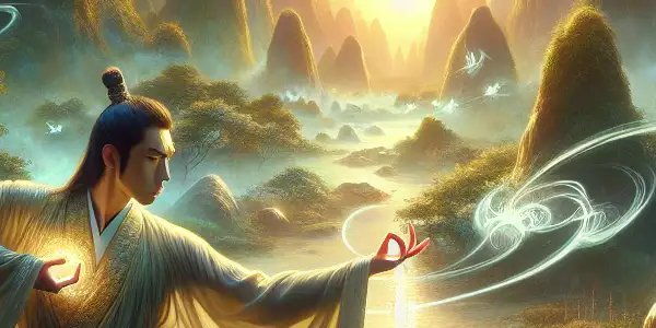 A skilled martial artist performs the "如来神掌" technique in a mystical Chinese landscape at sunset.