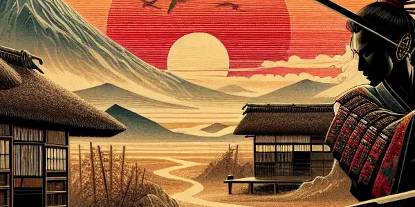 A samurai poised for battle in a sunset village, surrounded by cherry blossoms and ethereal, sensual imagery.