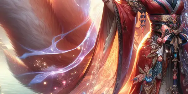 A captivating fox spirit woman in a mystical Japanese landscape, surrounded by cherry blossoms and glowing orbs.