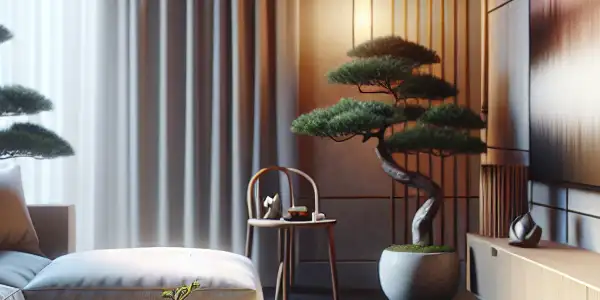 A cozy modern living room with a large screen, plush sofa, tasteful decor, and hints of Japanese culture.