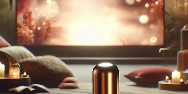 A cozy, intimate room featuring a stylish delay spray bottle, warm candlelight, and abstract visuals on a screen.