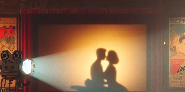 A nostalgic retro cinema scene featuring vintage posters, plush seats, and silhouettes of couples sharing intimate moments.