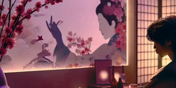 A serene person enjoys a self-care ritual in a cozy, intimate room with soft lighting and calming decor.