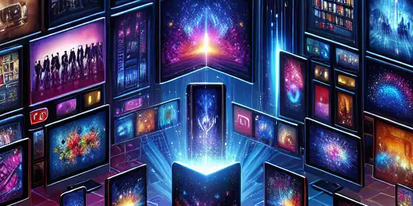 A futuristic digital library featuring floating screens of Japanese adult film covers and glowing icons for various devices.