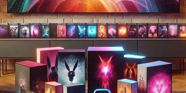 A modern living space featuring a stylish coffee table with elegant adult products and a large TV displaying abstract content.