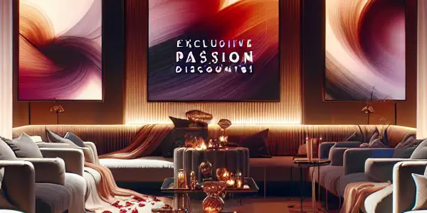 A dimly lit lounge featuring plush seating, screens with abstract adult film imagery, and a promotional banner for exclusive discounts.