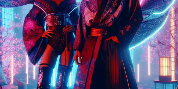 A vibrant, neon-lit futuristic adult film set featuring a charismatic couple in intimate poses amidst traditional Japanese decor and advanced technology.