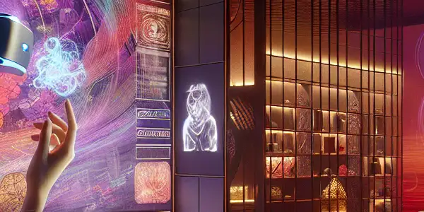 A futuristic living room featuring a gender-neutral individual immersed in VR technology, surrounded by romantic decor and high-tech gadgets.