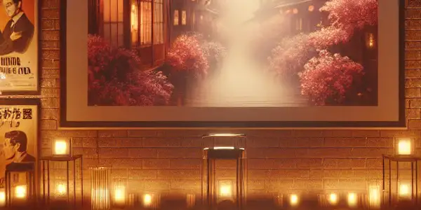 A nostalgic retro film studio featuring vintage adult film posters, cozy seating, and elements of Japanese culture.