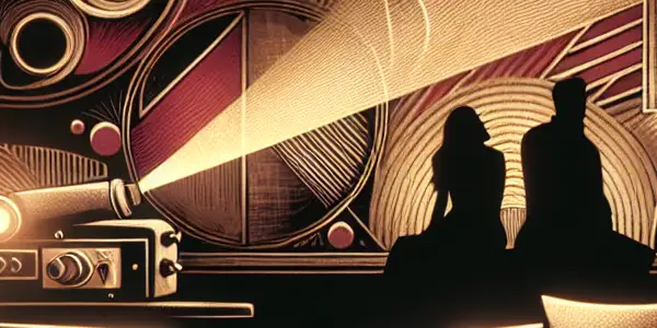 A cozy, intimate room with silhouettes on a sofa, a vintage screen, and elements of relaxation and connection.