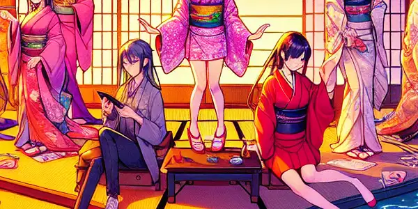A vibrant Japanese-inspired scene featuring stylish characters embodying the allure of classic adult video games with interactive elements.