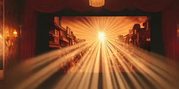 A couple watches a romantic film in a vintage Japanese movie theater, surrounded by nostalgic decor and warm lighting.