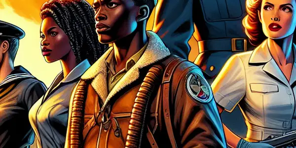 A dramatic World War II naval base scene with vintage airplanes, ships, and diverse military characters showcasing tension and camaraderie.