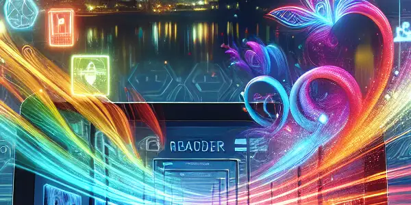 A modern digital interface for an adult film streaming platform against a neon-lit city skyline at night.