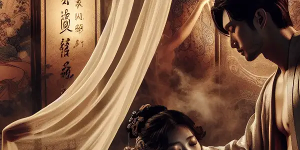 An intimate scene of ancient Chinese scholars exploring sensuality in a serene, ornate chamber.