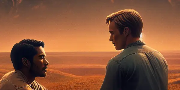 Two men share an intimate moment on a grassy hill, surrounded by a serene sunset landscape.