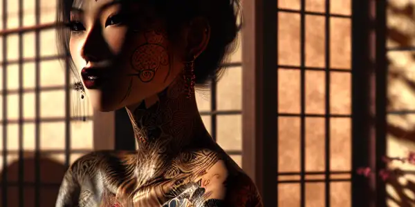A beautiful Japanese actress with elaborate tattoos in a dimly-lit, intimate setting rich in traditional aesthetics.