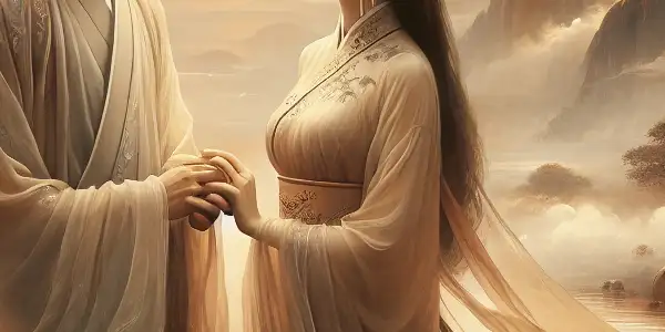 A romantic moment between a couple in traditional attire, set against a serene, misty landscape.