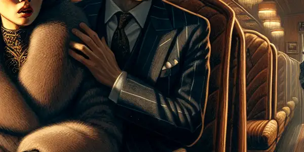 A couple in distress confronts a lurking robber in a dimly-lit, luxurious train carriage amidst snowy Siberia.