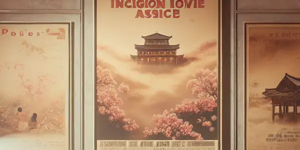 A cozy, dimly lit room featuring vintage movie posters, a retro projector, and plush seating for film viewing.